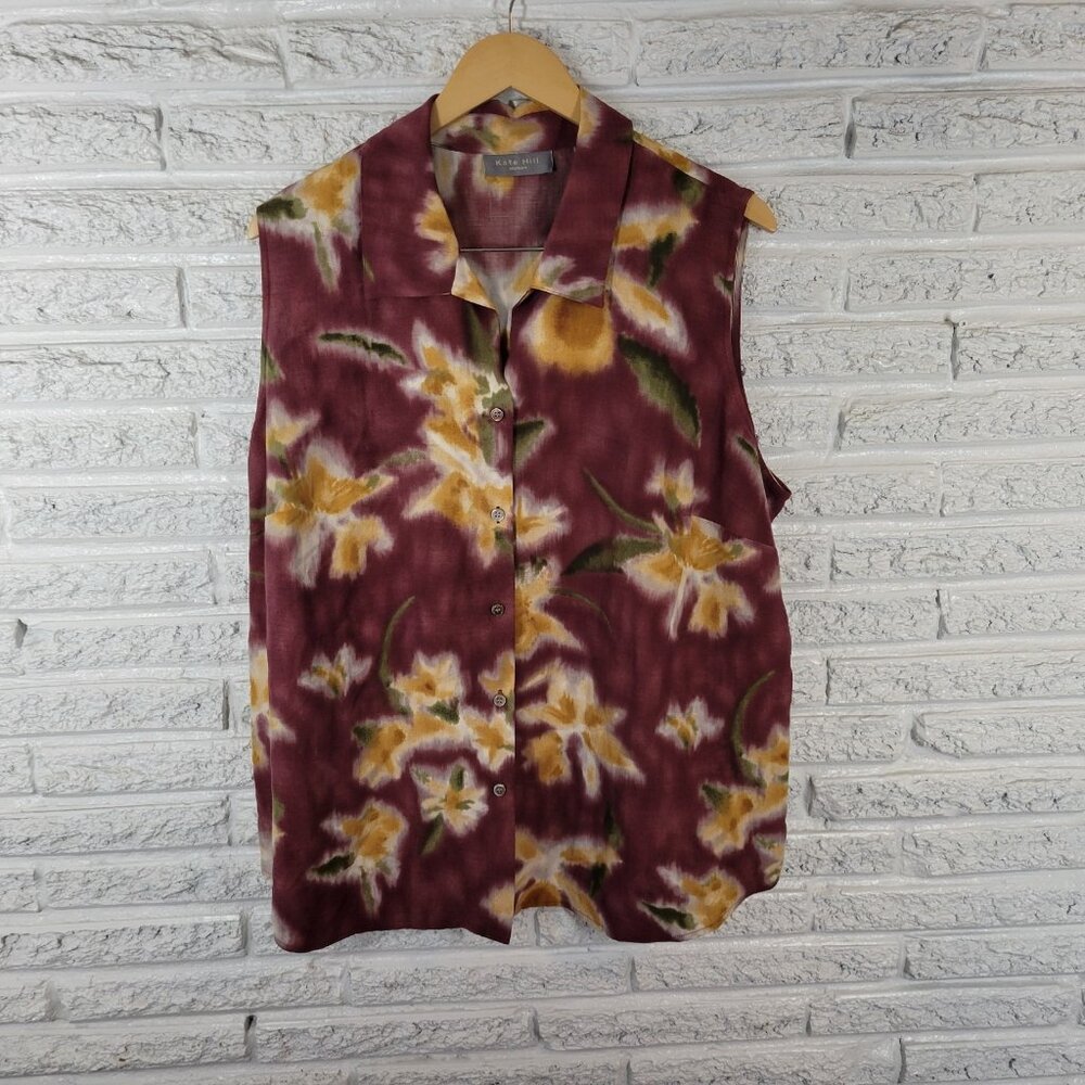 Kate Hill Women's 2X Plus Purple Yellow Silk Linen Collared Sleeveless WAT62E